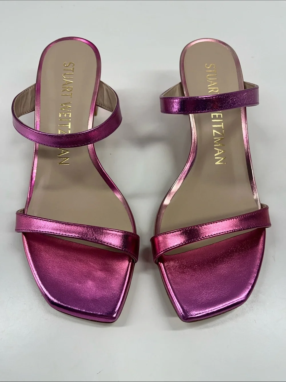 New Stuart Weitzman Aleena Leather Slide Heel Sandals in Metallic Pink Size 7